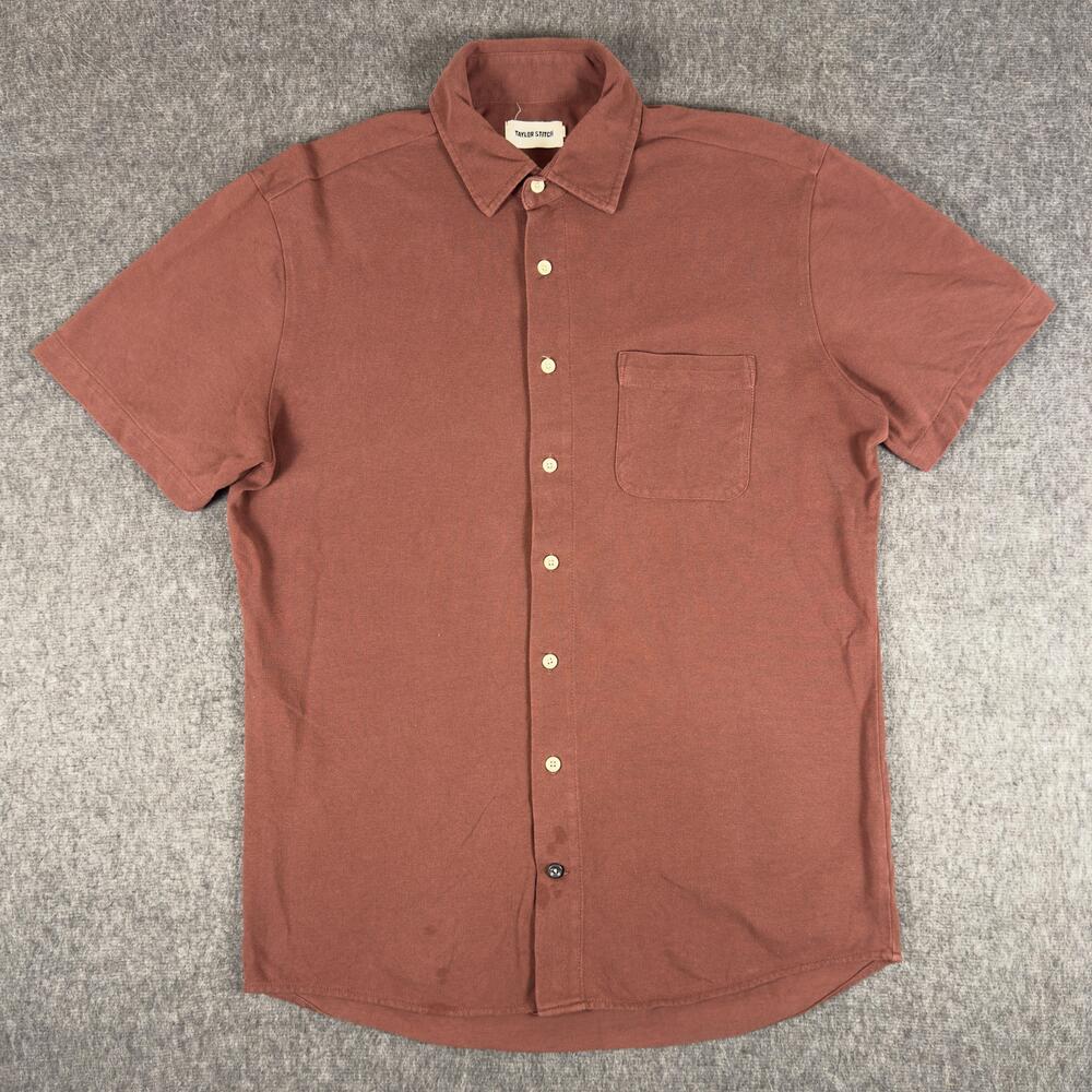 Taylor Stitch Shirt Mens Medium Brown Short Sleeve Button Up Knit Cotton Casual